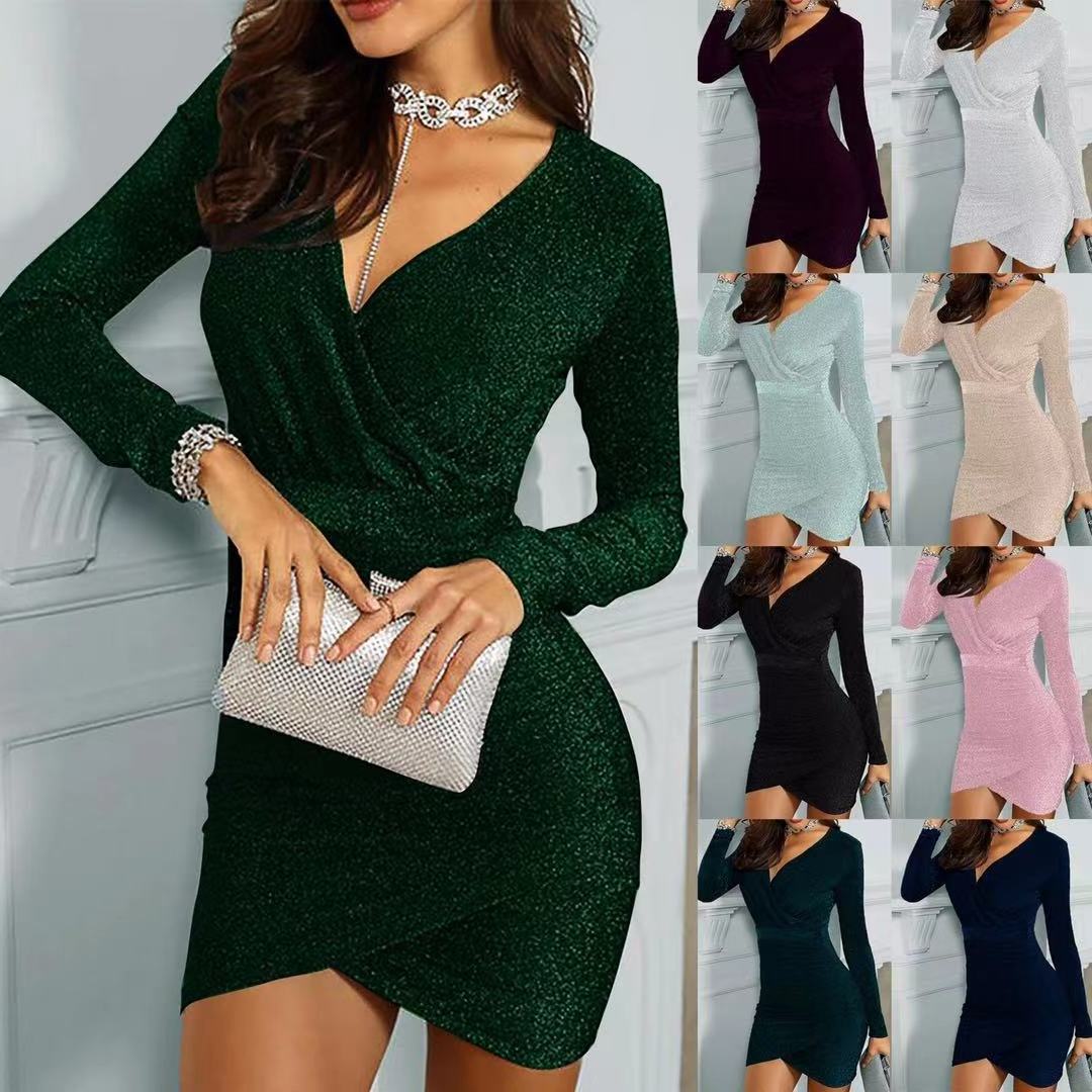 Christmas'day Ladies V-neck long-sleeved sexy hip irregular party dress women elegant white evening dress fashion night dress