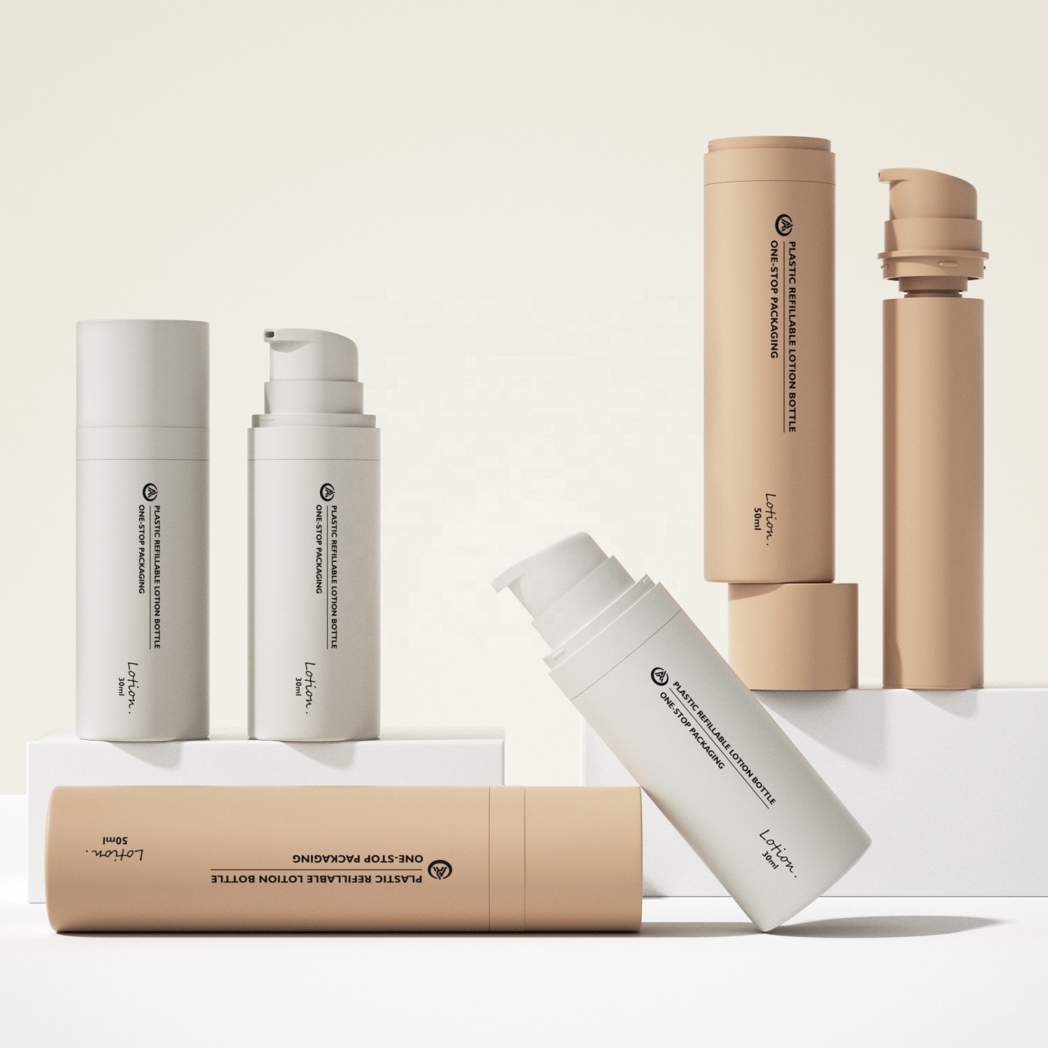 Luxury 30ml 50ml refillable Eco-friendly airless pump bottle cosmetic package container matte white khaki with refill bottle