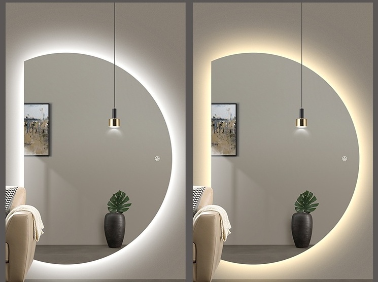 Half Moon Shape Backlit Led Lighted Bathroom Smart Wall Circle Mirror With Time Display