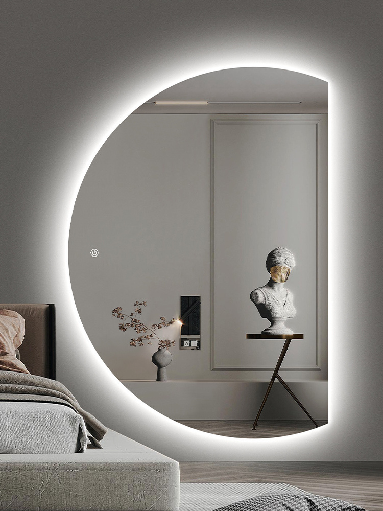 Half Moon Shape Backlit Led Lighted Bathroom Smart Wall Circle Mirror With Time Display