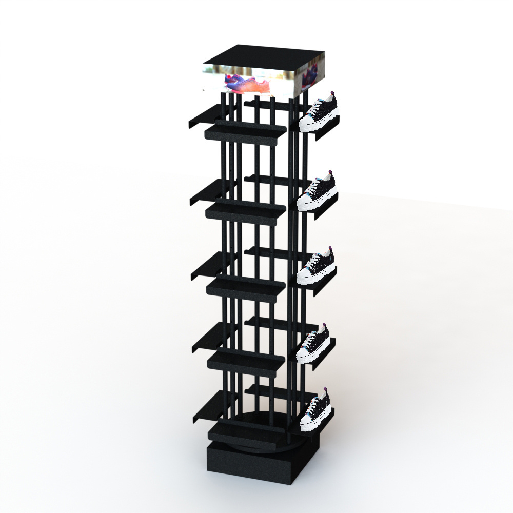 Custom Metal Floor Standing For 20 Shoes with 4 Sides And Shelves 360 Rotating Shoe Rack   metal POP shelf display rack