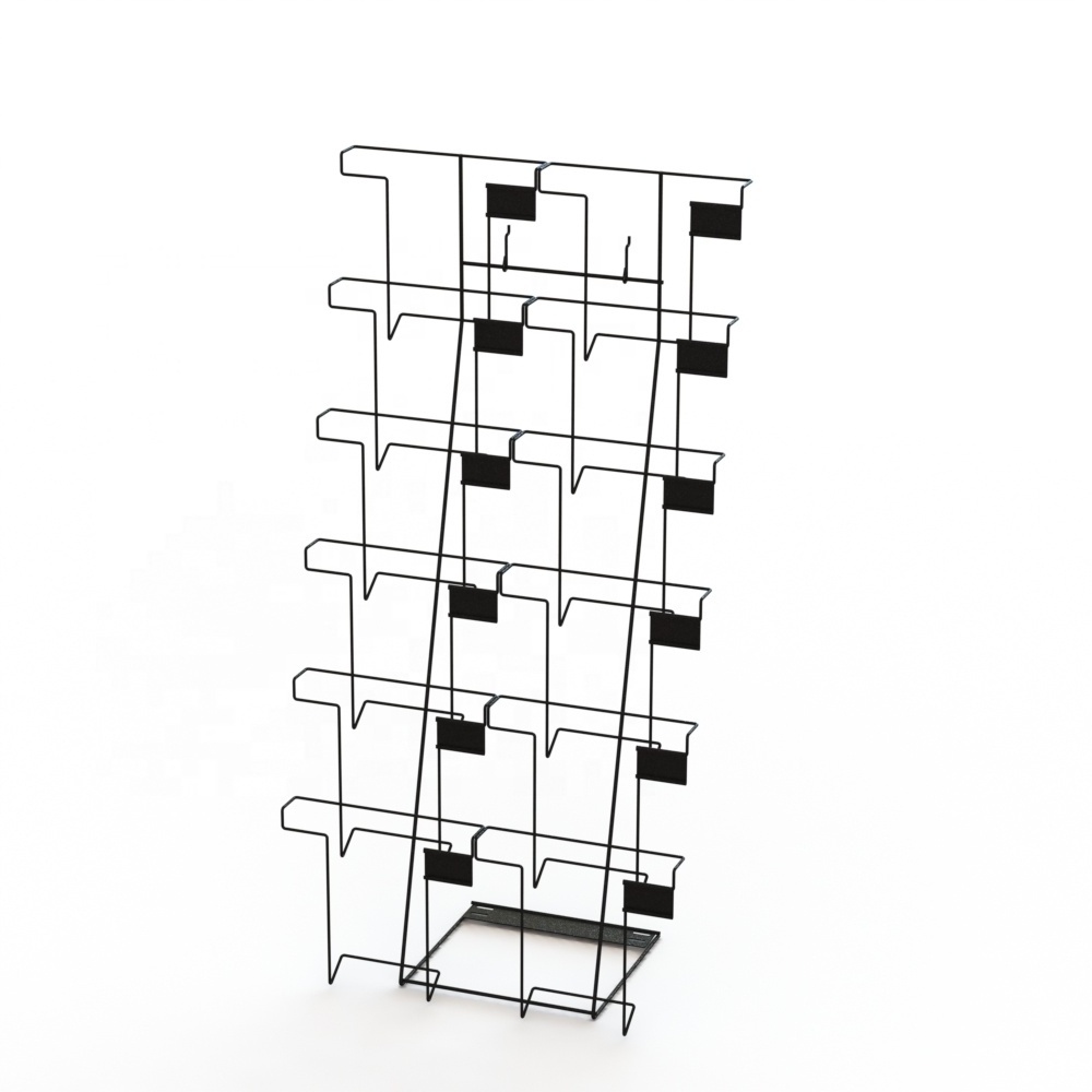 Folded Black Metal Calendar Floor Display Stand 12 Wire Pockets Calendar Rack