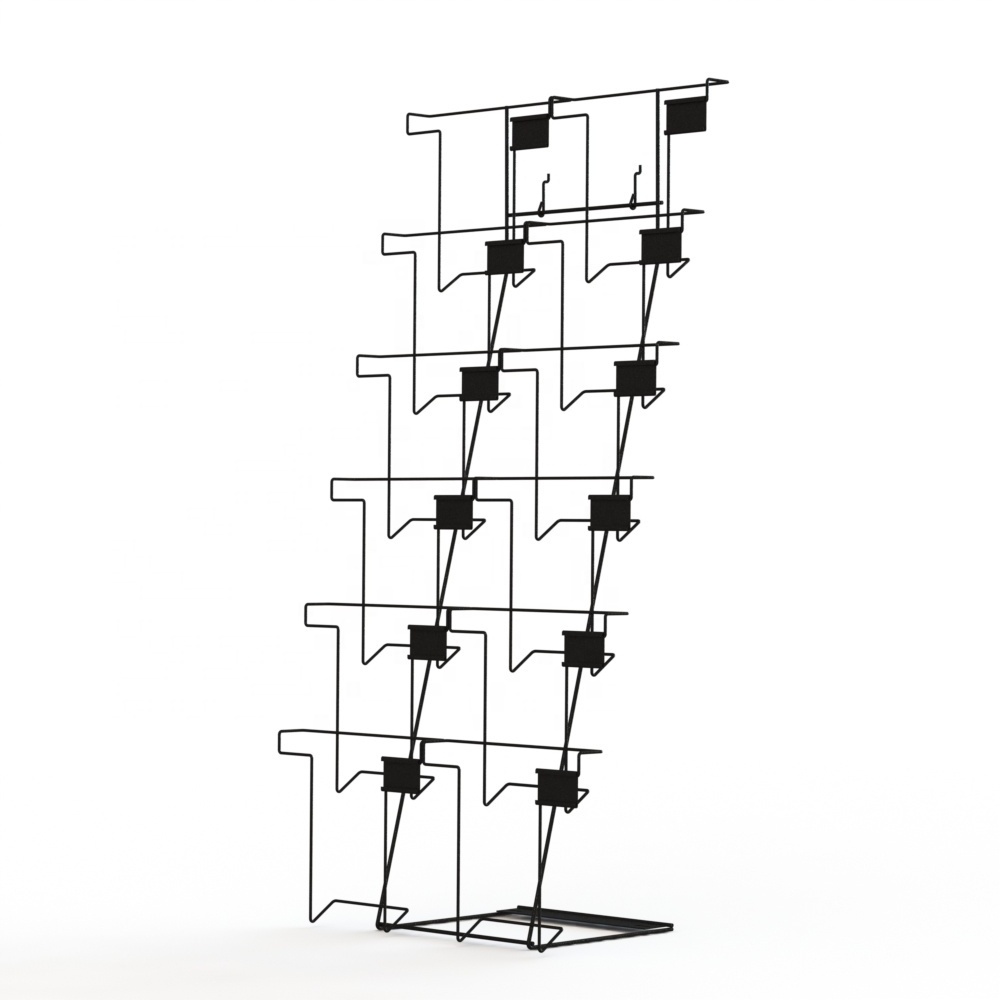 Folded Black Metal Calendar Floor Display Stand 12 Wire Pockets Calendar Rack