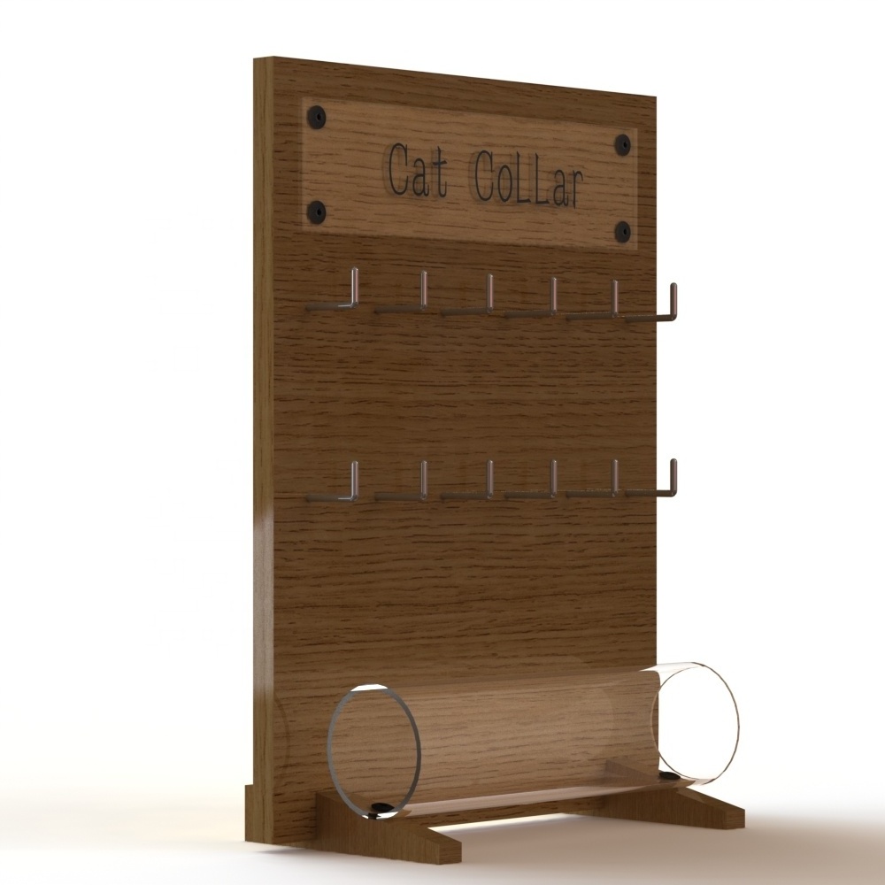 Custom Wooden Point Of Purchase Cat Collar Counter Top Display Stand With Hooks