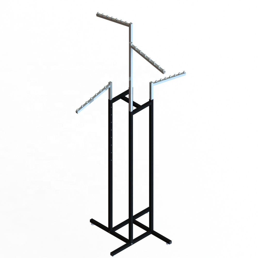 Chrome 4 Way Black Metal Clothing Display Rack With Sloped Tube