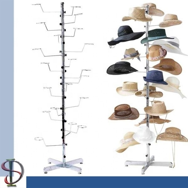 Hats Tree Metal Display Stand Chrome Hat Adjustable Hook Stand Hat Flooring Display Rack