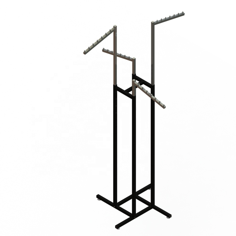 Chrome 4 Way Black Metal Clothing Display Rack With Sloped Tube