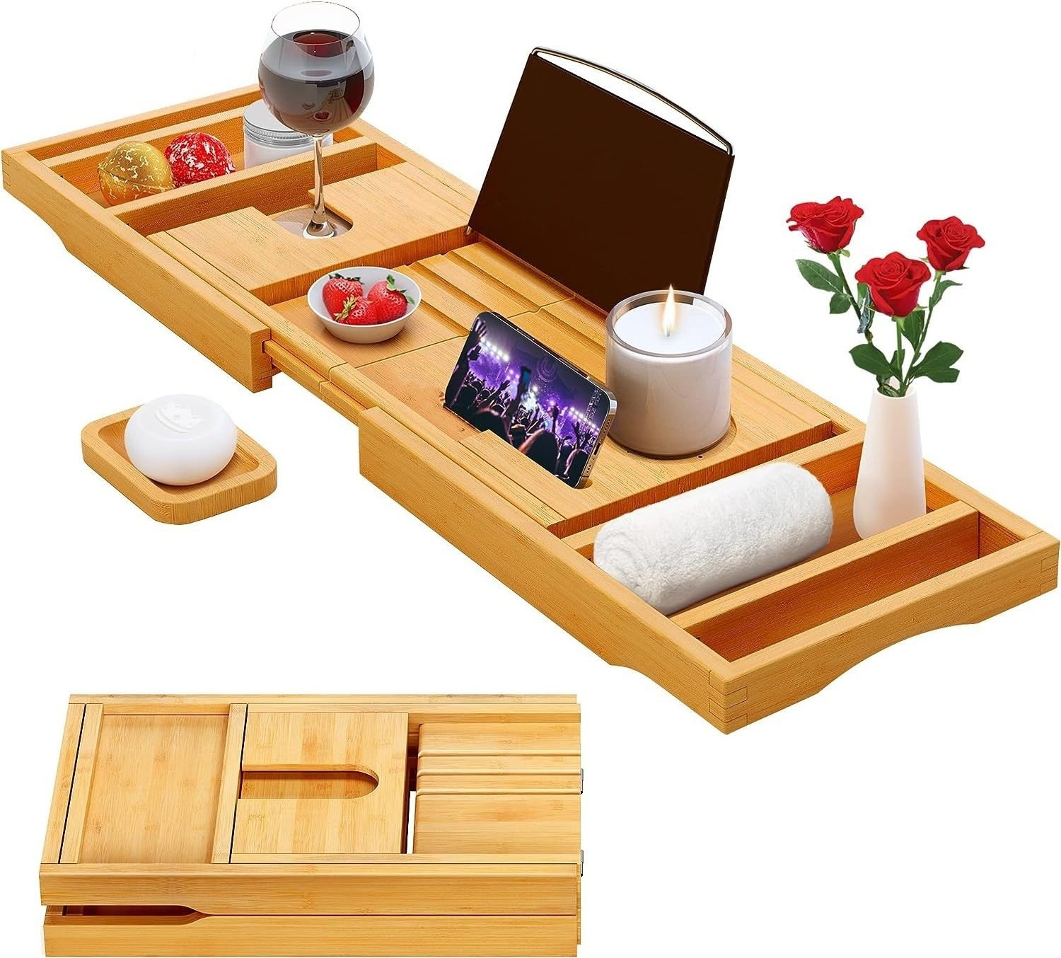 New Style Natural Wood Bathtub Caddy Tray Extendable Bathtub Tray Foldable Shower Bamboo Bathtub Caddy With Book And Wine Holder