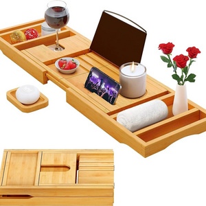 New Style Natural Wood Bathtub Caddy Tray Extendable Bathtub Tray Foldable Shower Bamboo Bathtub Caddy With Book And Wine Holder