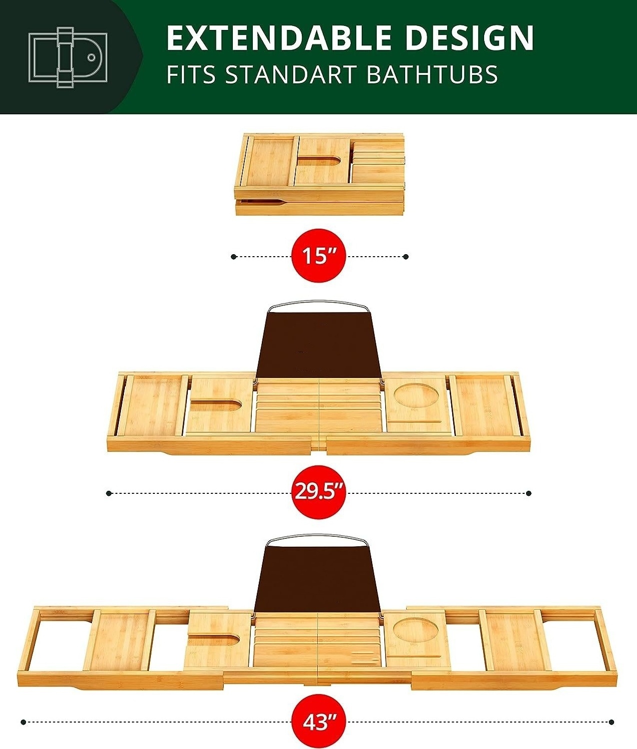 New Style Natural Wood Bathtub Caddy Tray Extendable Bathtub Tray Foldable Shower Bamboo Bathtub Caddy With Book And Wine Holder