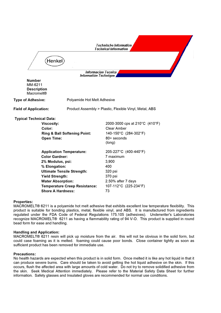 Hot Melt Adhesive Glue for Low Pressure Molding  HENKEL Technomelt PA6211