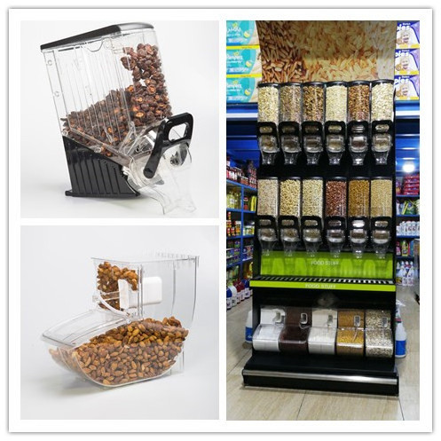 supermarket high quality wall mounted bulk dry food candy display storage racks with dispenser and bins