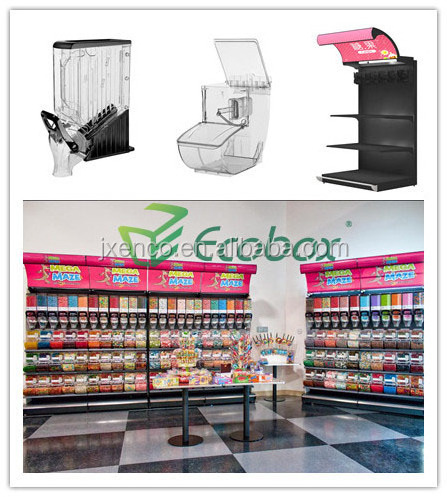 Ecobox candy cereal nuts organic gravity bin dispenser metal candy shelf display racks for supermarket