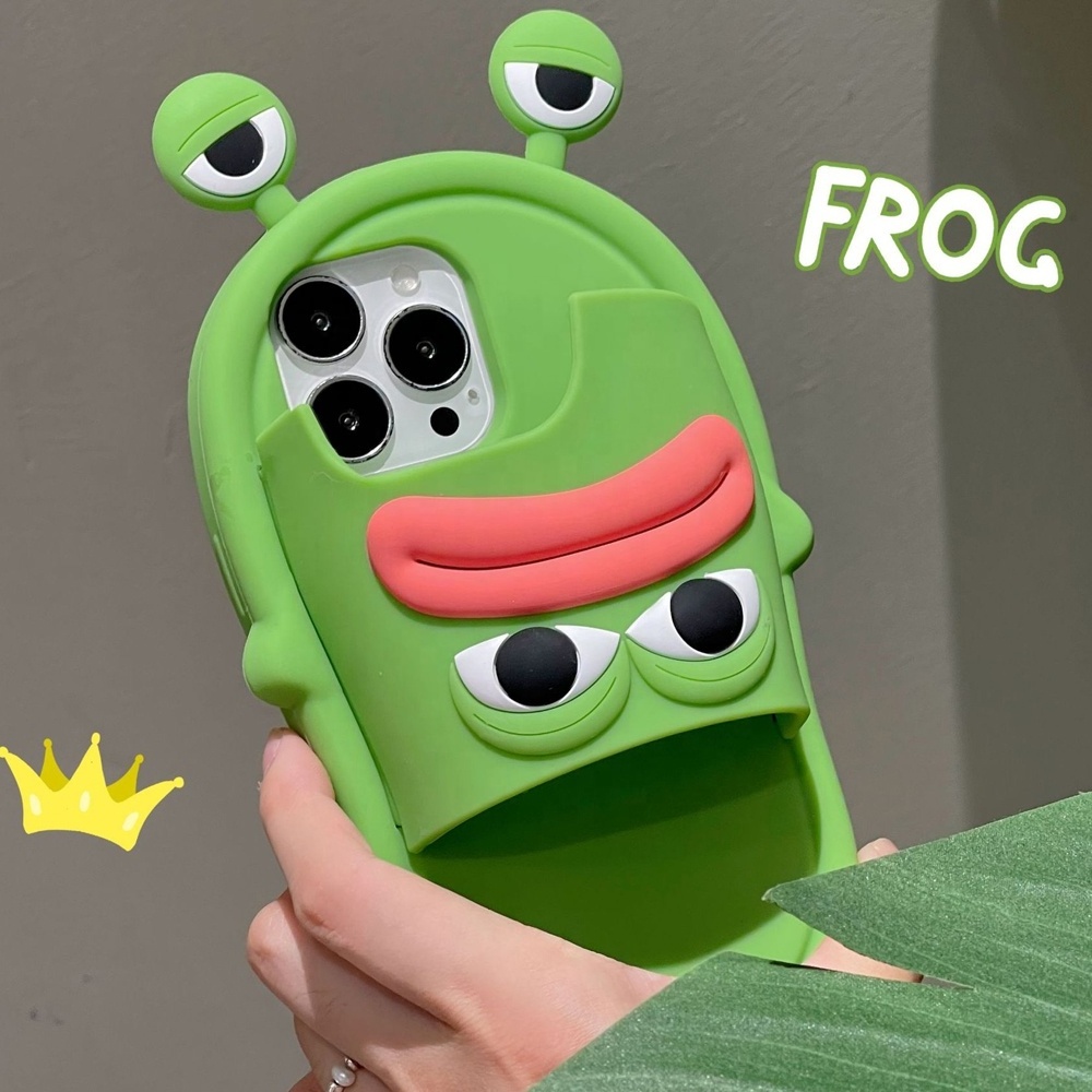 Sausage Mouth Frog Flip Flops Phone Case 3D Case Soft Silicone Cute Cartoon Green Slipper Phone Case for iphone 15 14 13 Pro Max