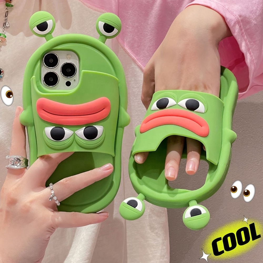 Sausage Mouth Frog Flip Flops Phone Case 3D Case Soft Silicone Cute Cartoon Green Slipper Phone Case for iphone 15 14 13 Pro Max