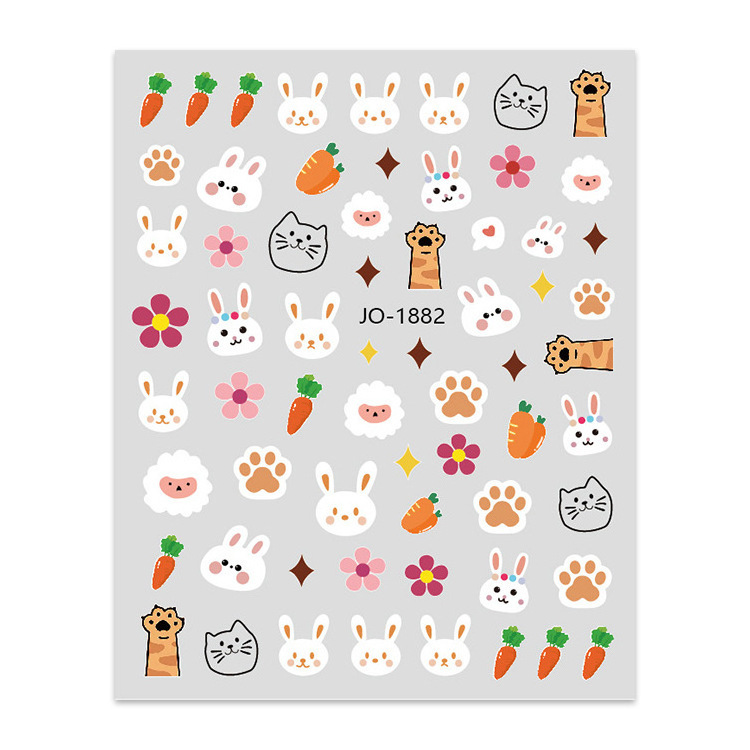 Cute Little Bear Nail Stickers Little Rabbit Carrots Colorful Flowers Pink Tulips Flower Nail Stickers