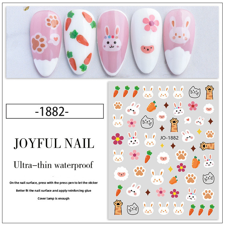 Cute Little Bear Nail Stickers Little Rabbit Carrots Colorful Flowers Pink Tulips Flower Nail Stickers