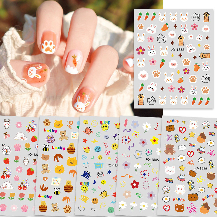 Cute Little Bear Nail Stickers Little Rabbit Carrots Colorful Flowers Pink Tulips Flower Nail Stickers