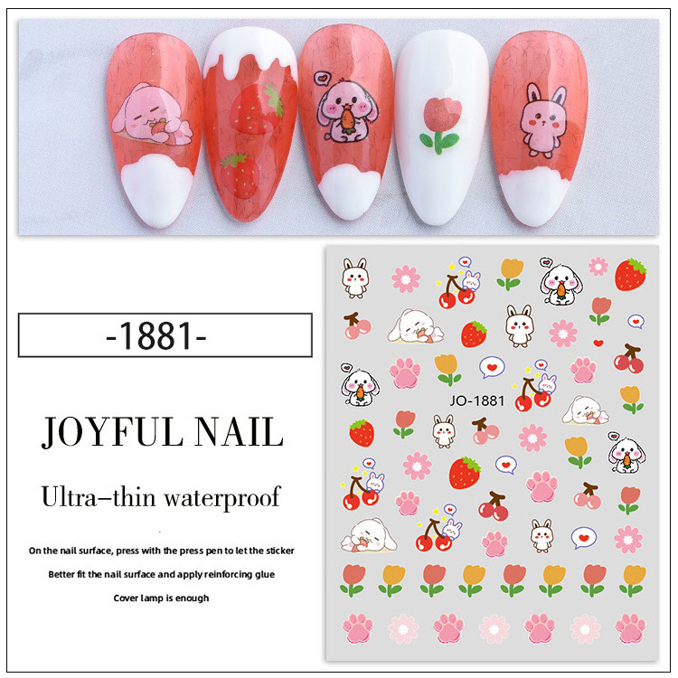 Cute Little Bear Nail Stickers Little Rabbit Carrots Colorful Flowers Pink Tulips Flower Nail Stickers