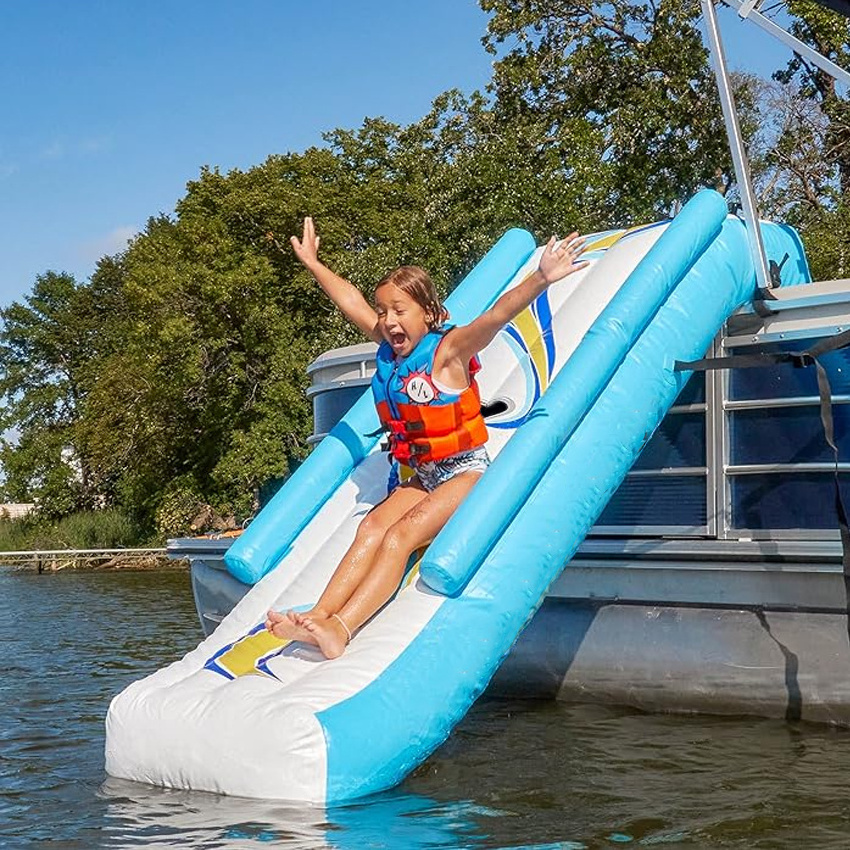 Dock inflatable pontoon boat slide with ramp inflatable water slide with boat