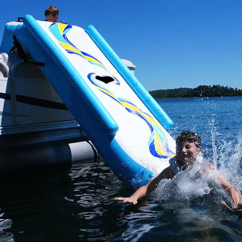 Dock inflatable pontoon boat slide with ramp inflatable water slide with boat