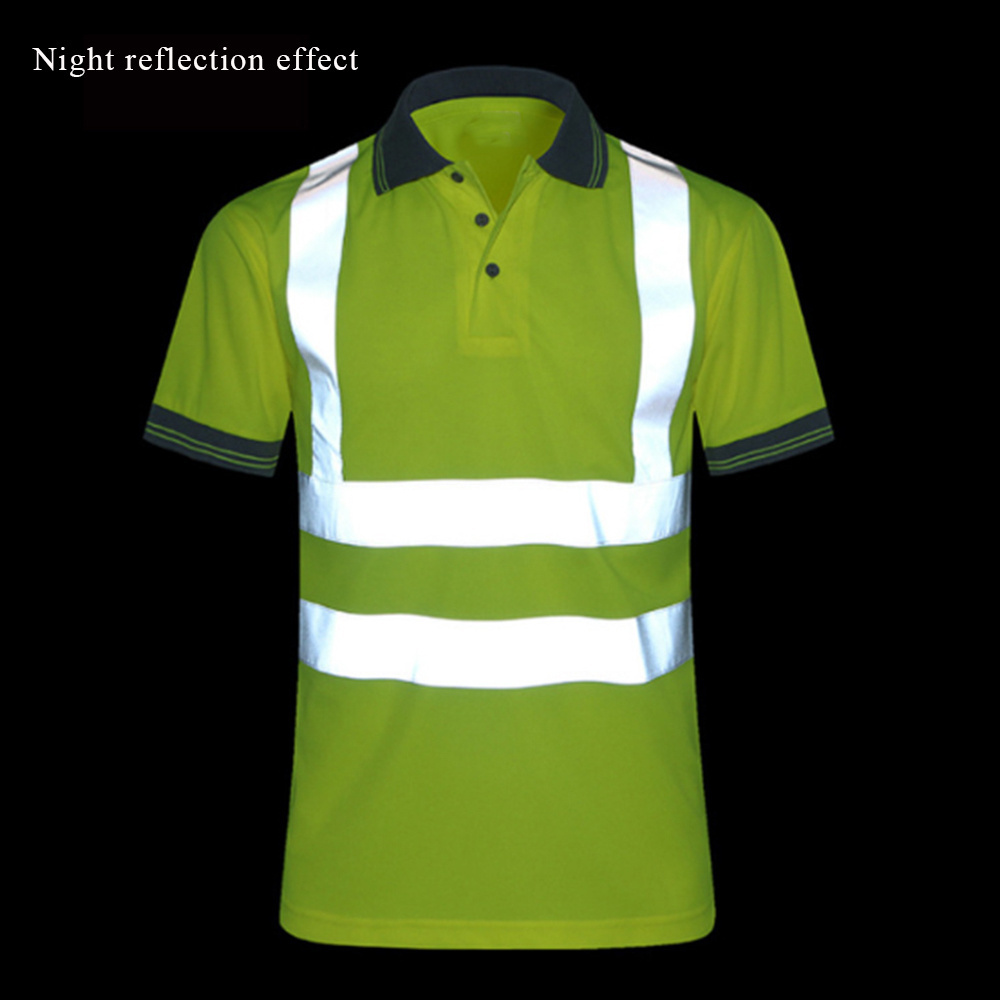 High Visibility Reflective Safety Work Fluorescent Yellow Reflective Tape Men's Polo Shirt