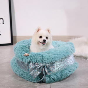 Warm Round Bow Plush  Non-slip Pet Luxury Plush Comfortable Cat Sleep Pet Nest Plush Dog Bed