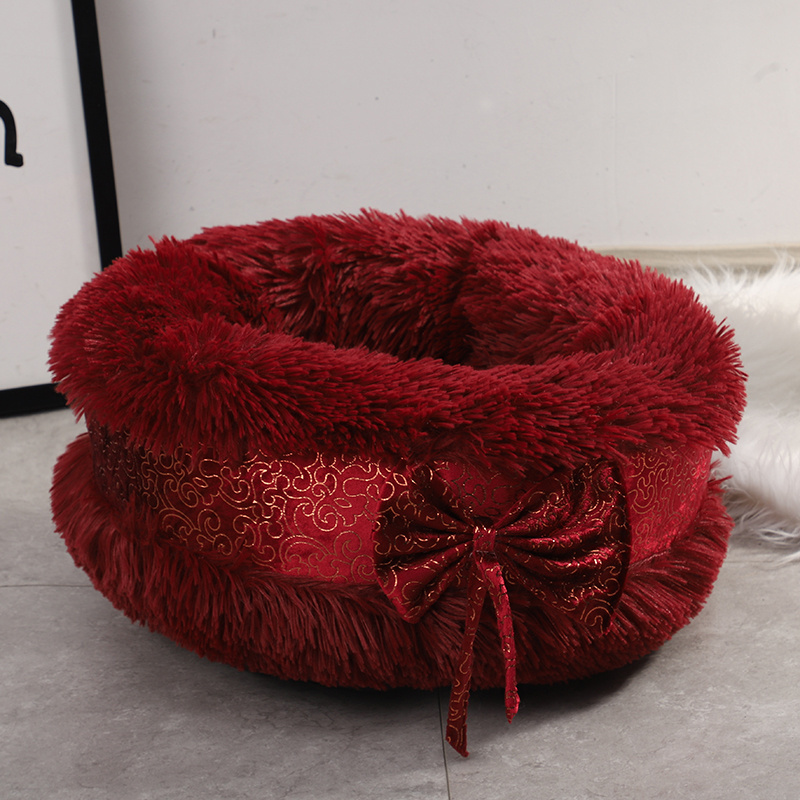 Warm Round Bow Plush  Non-slip Pet Luxury Plush Comfortable Cat Sleep Pet Nest Plush Dog Bed