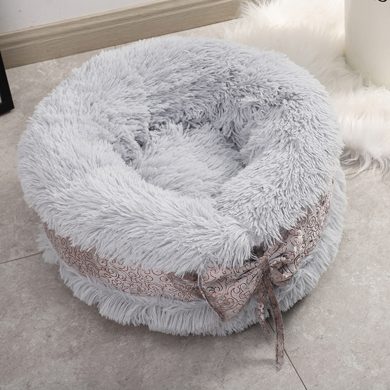 Warm Round Bow Plush  Non-slip Pet Luxury Plush Comfortable Cat Sleep Pet Nest Plush Dog Bed