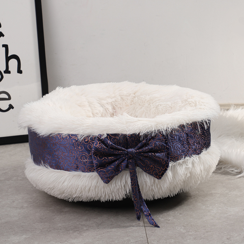 Warm Round Bow Plush  Non-slip Pet Luxury Plush Comfortable Cat Sleep Pet Nest Plush Dog Bed