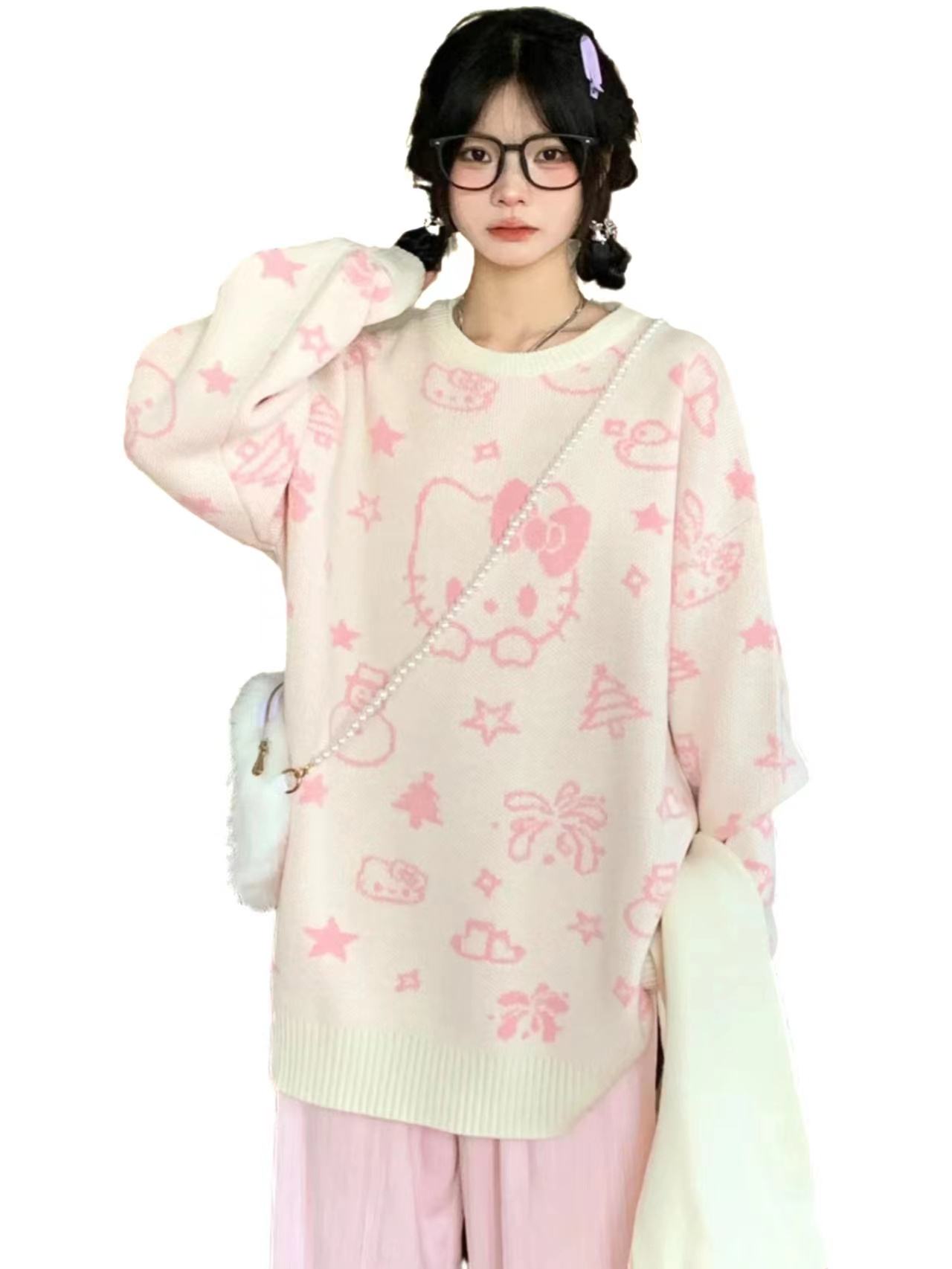 Pink Cute Cat Design Loose Knit Pullover Sweater Women Sweater For Winter and Spring