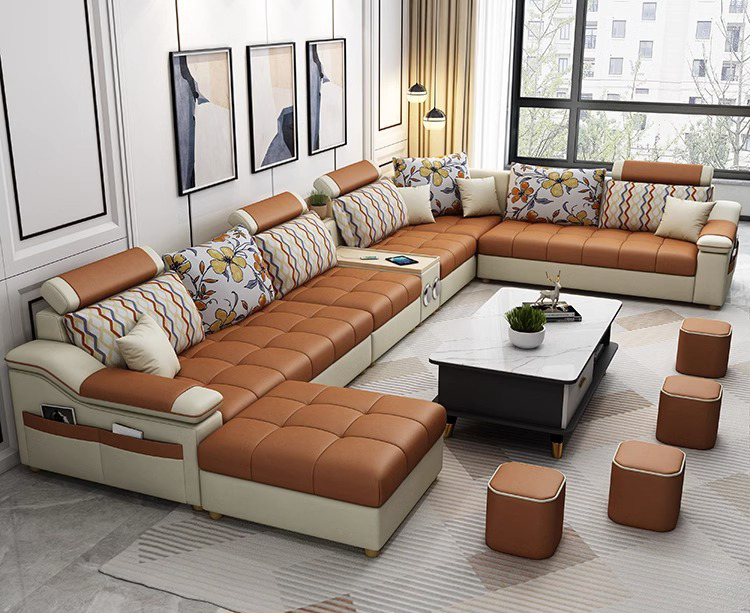 Modern minimalist technology fabric home living room leather couch combination U-shape sofa