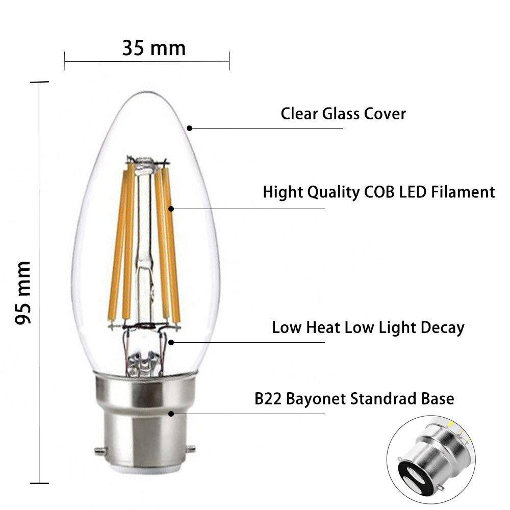 B22 bayonet socket LED candle filament light bulb 4W C35 dimmable vintage Edison warm white 2700K 6000K Equal 40W incandescent