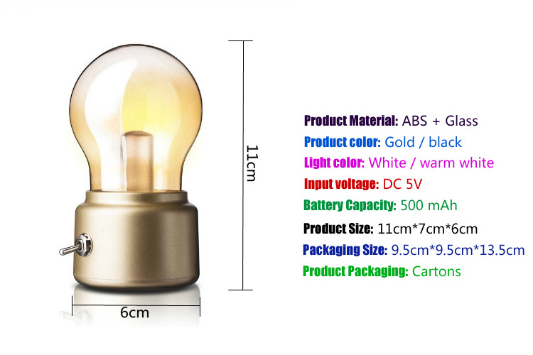 Vintage LED Bulb Night Light Retro USB 5V Rechargeable Battery Mood Writing Desk Table Lamp Energy Saving Rechargeable  Lights