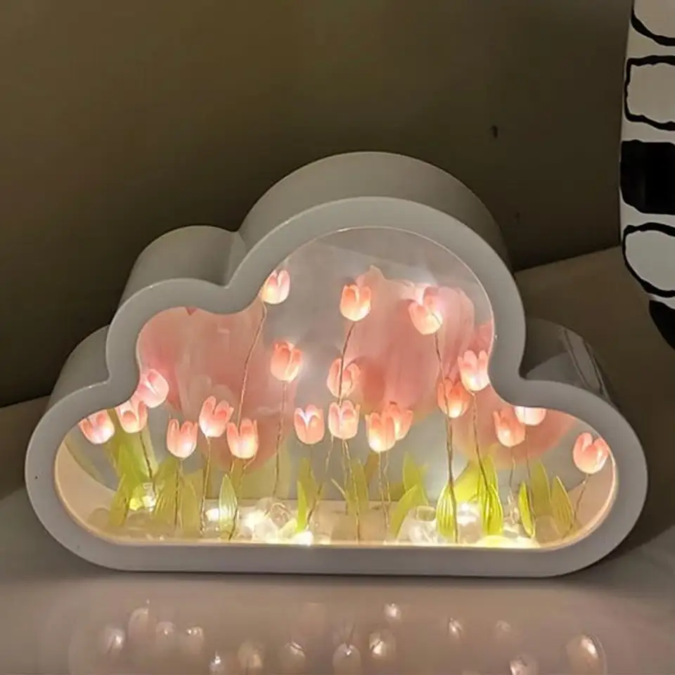 LED Creative Indoor Kawaii Mirror Tulip Cloud flower lamp DIY LED Night Light for Bedroom Kids Night Light