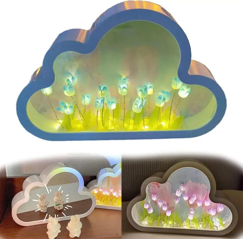 LED Creative Indoor Kawaii Mirror Tulip Cloud flower lamp DIY LED Night Light for Bedroom Kids Night Light