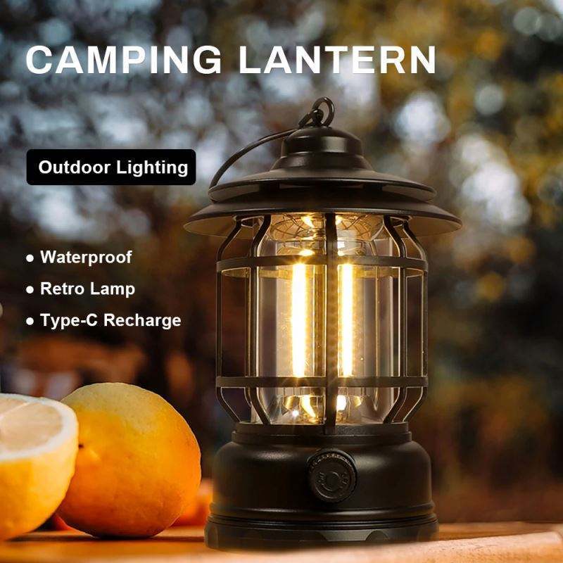 LED USB Rechargeable Camping Light Mini Vintage Metal Hanging Lantern Outdoor Lighting Waterproof Camping Lamp