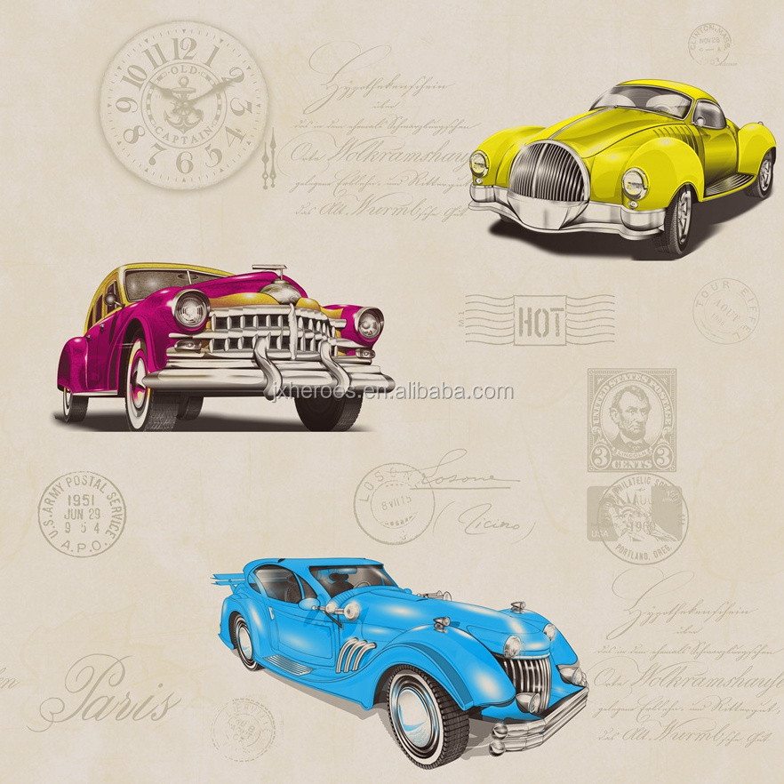 Vintage Car Cartoon Design PVC Wallpaper for Kids Room