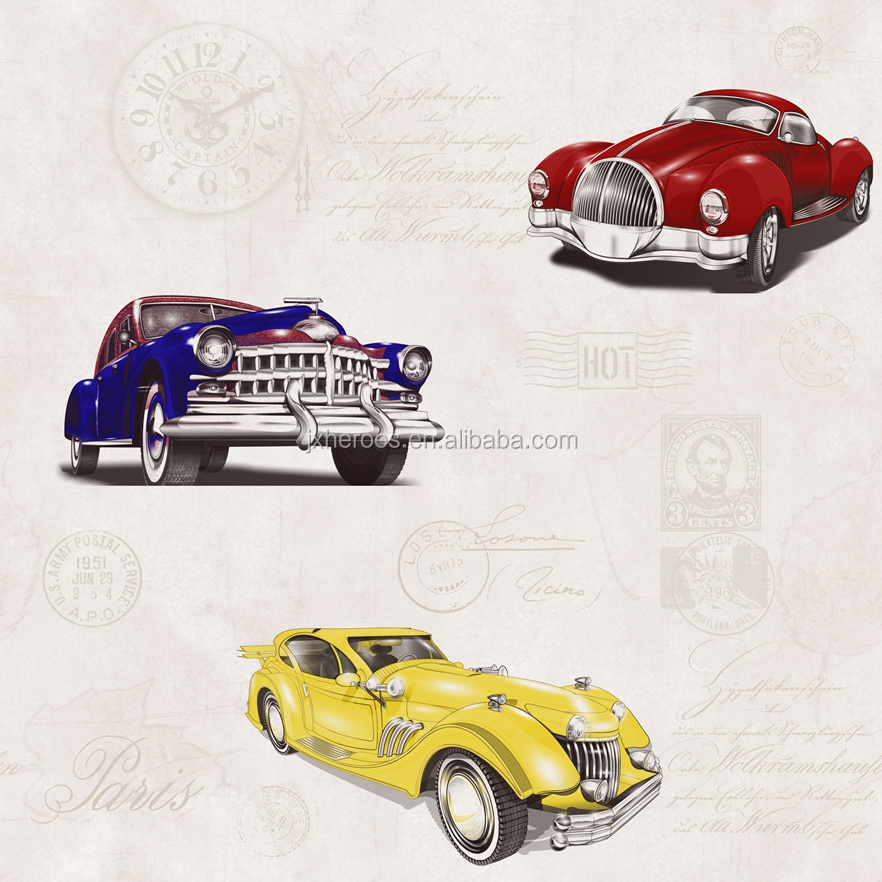 Vintage Car Cartoon Design PVC Wallpaper for Kids Room