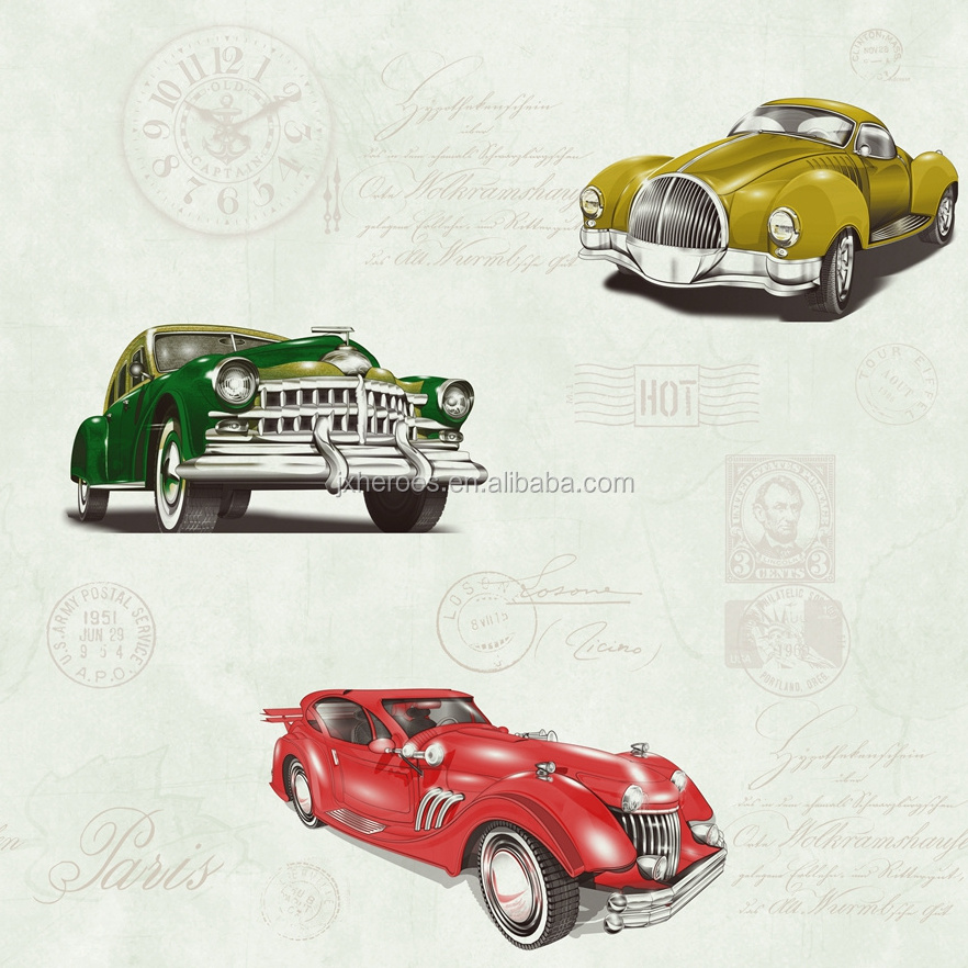 Vintage Car Cartoon Design PVC Wallpaper for Kids Room