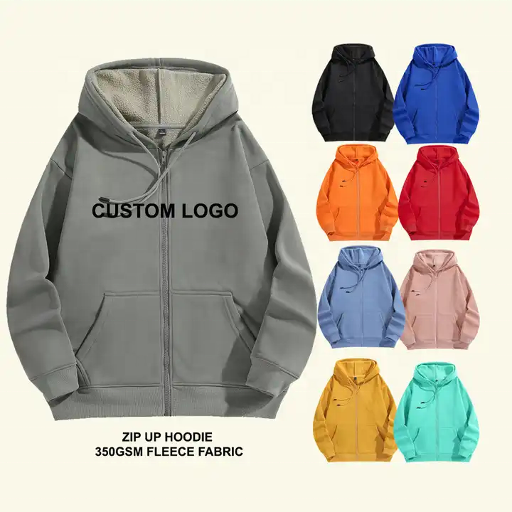 Unisex Custom 350gsm Blank Full Zip Up Hoodie Fleece Oversized Heavyweight Winter Warm Zip Up Hoodie Puff Printing Zip up Hoodie