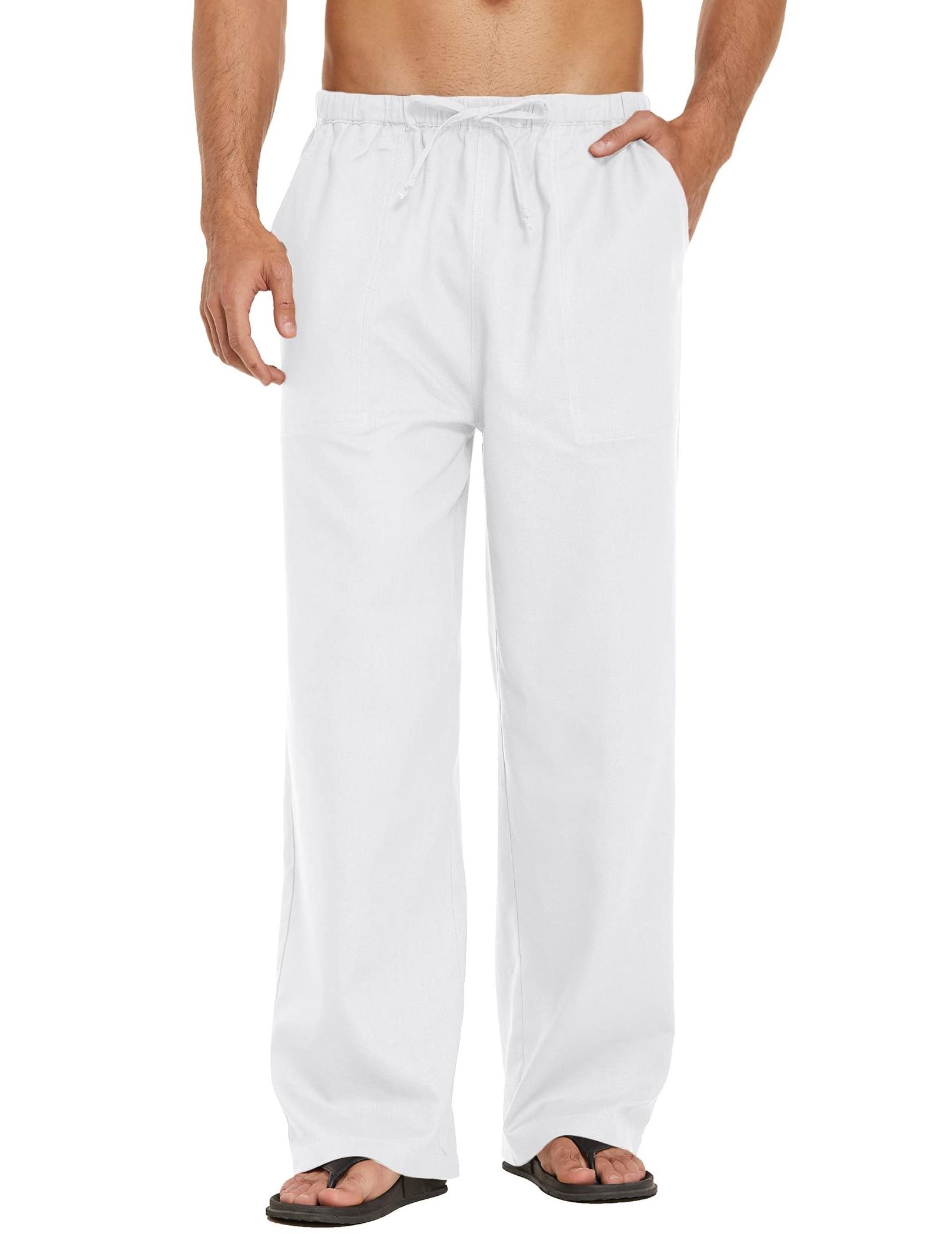 Mens Linen Pants Lightweight Elastic Waist Beach Baggy Trousers with Drawstring Loose Fit