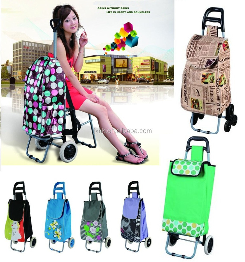 wheeled shopping bags trolley cart with chairs for supermarket, outdoor and leisure