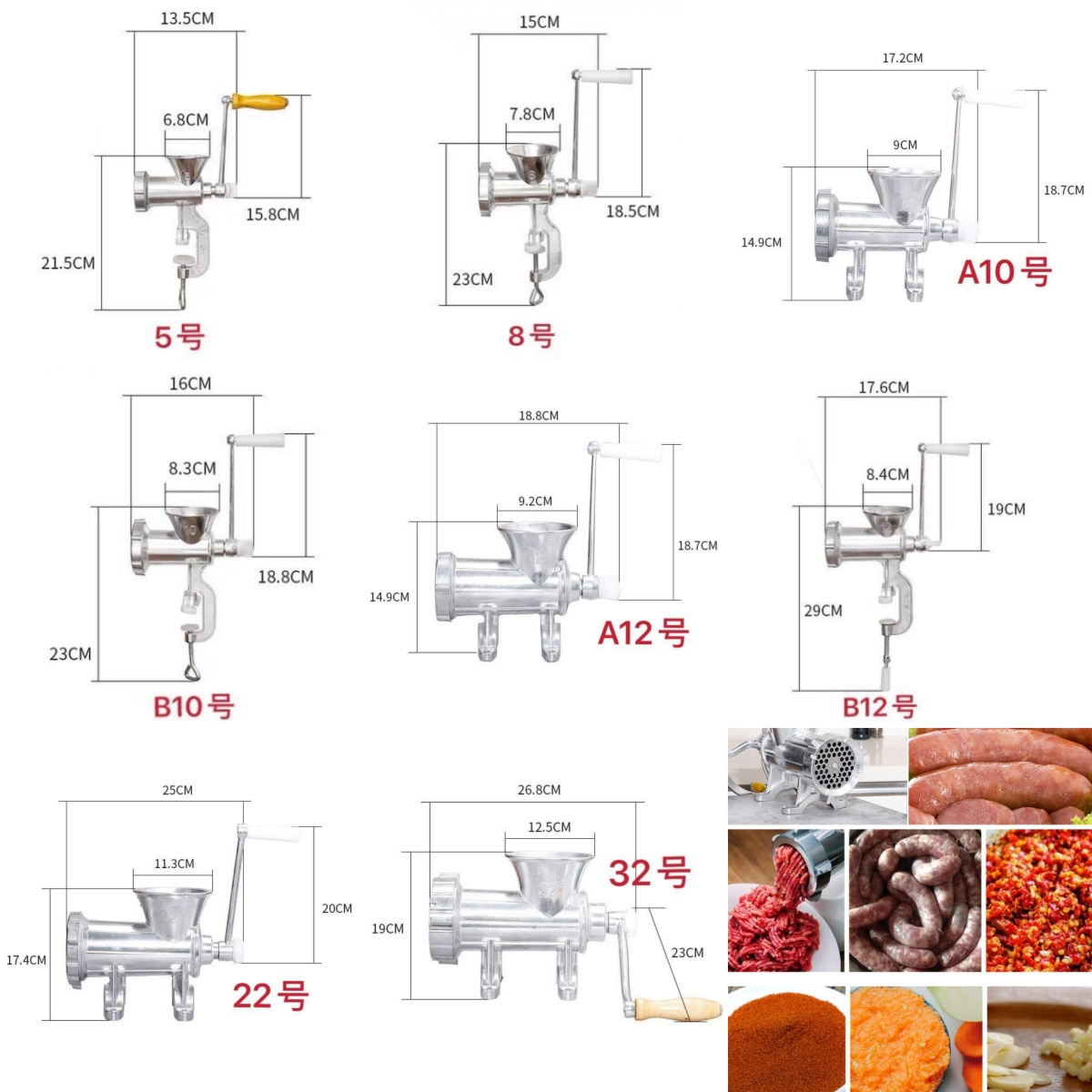 NO.32-5 Meat Grinder Manual Aluminum Alloy Sausage Stuffer Heavy Duty Meat Grinder with Tabletop Clamp Sausage Kitchen Home Tool