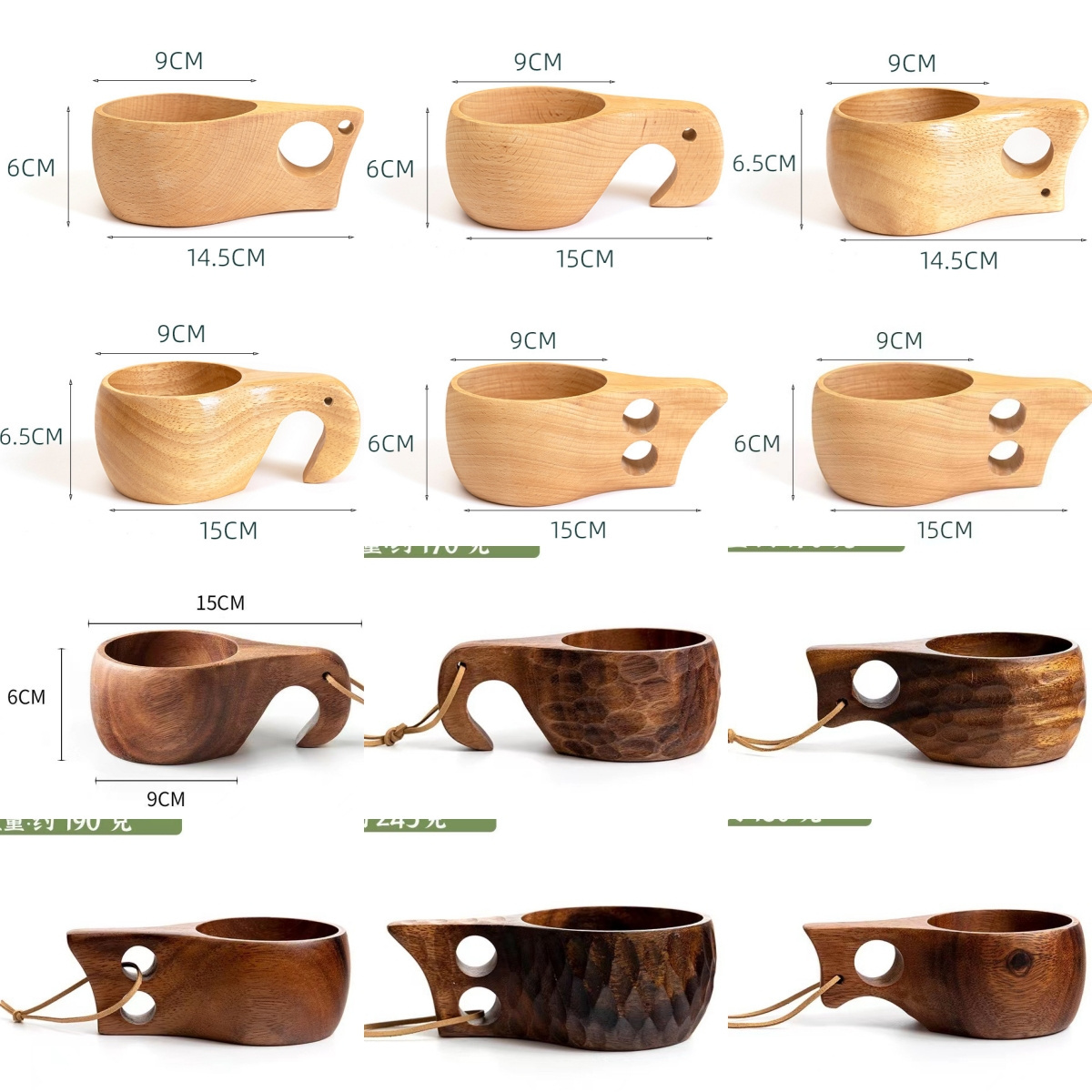 11 Designs Handmade Natural Rubber Wood Cups Camping Coffee, Tea, Milk Cup Water Serving Cup for Hiking Camping Outdoor Mug