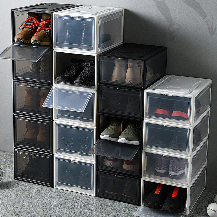 Wholesale Plastic Sneaker Shoe Storage Box Drop Front Shoes Organizer Case Foldable Stackable Shoe Rack