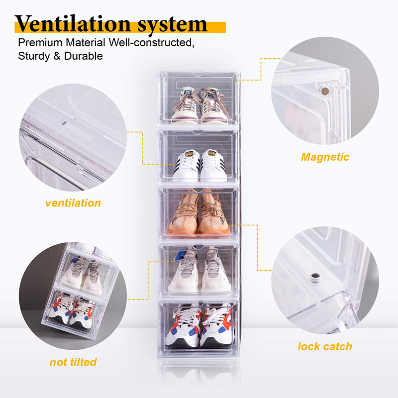 Hot Selling Stackable Shoe Storage Box Crates Plastic Clear Sneaker Box For Shoes Display Shoe Case with Magnetic Open Door