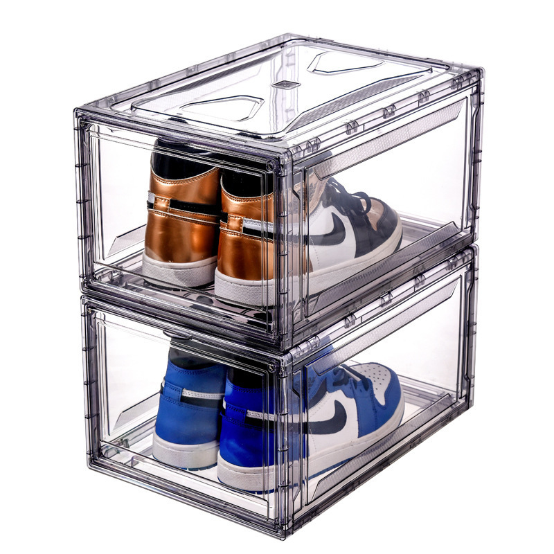 Wholesale Rectangle Stacking Foldable Shoe Holder Magnetic Sneaker Storage Container Box Transparent Drop Front Acrylic Shoe Box