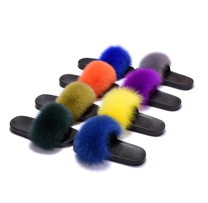 women's faux fluffy sandals solid color fur women fur slippers bulk big furry slides for women