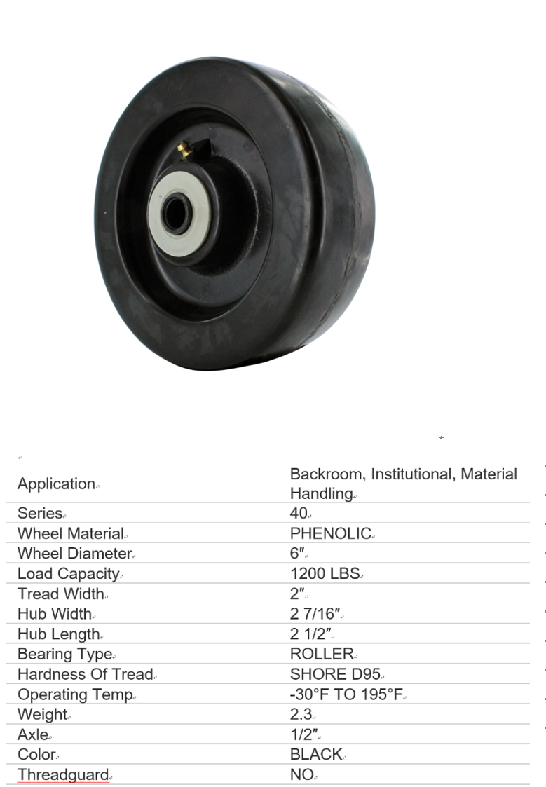 6 X 2 inch Black Flat Tread Phenolic Medium/Heavy Duty Wheel with 1 3/16 Roller Bearing. CASTER WHEEL